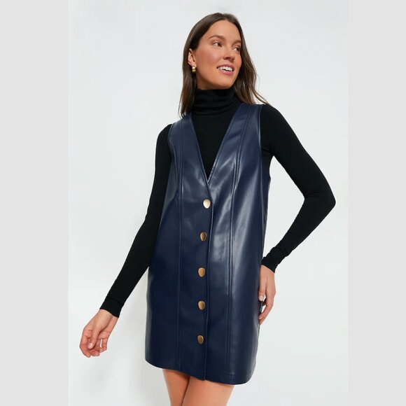 Pinafore Dress INSPIRE CHIC Women's Faux Leather Pinafore Button Down V  Neck Sleeveless Mini Overall Dresses